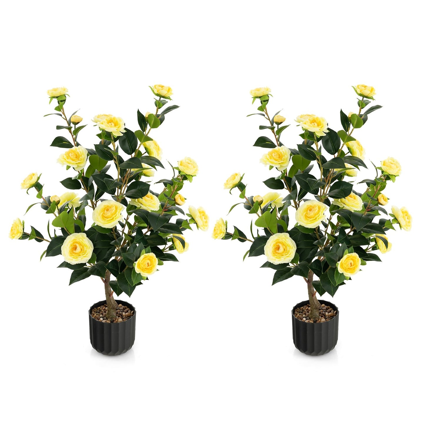 38 Inch Artificial Camellia Tree Faux Flower Plant in Cement Pot 2 Pack, Yellow
