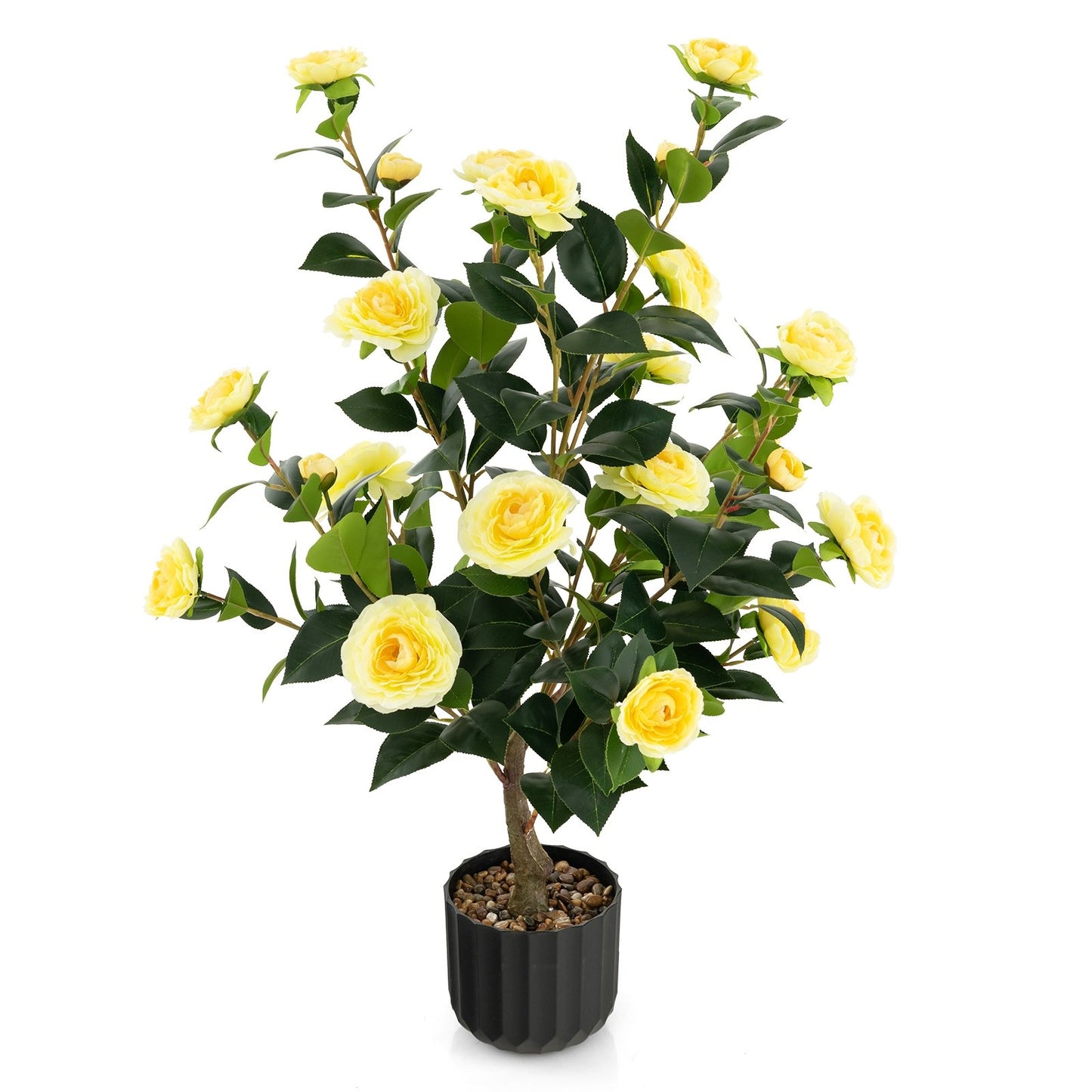 38 Inch Artificial Camellia Tree Faux Flower Plant in Cement Pot 2 Pack, Yellow