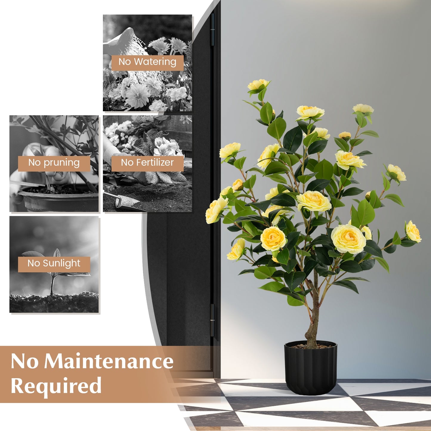 38 Inch Artificial Camellia Tree, Faux Flower Plant, Cement Pot, 2 Pack, Yellow Faux Plants at Gallery Canada