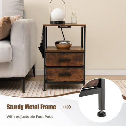 Industrial Bedside Table with USB Ports and AC Outlets for Bedroom Living  Room-1 Piece, Rustic Brown
