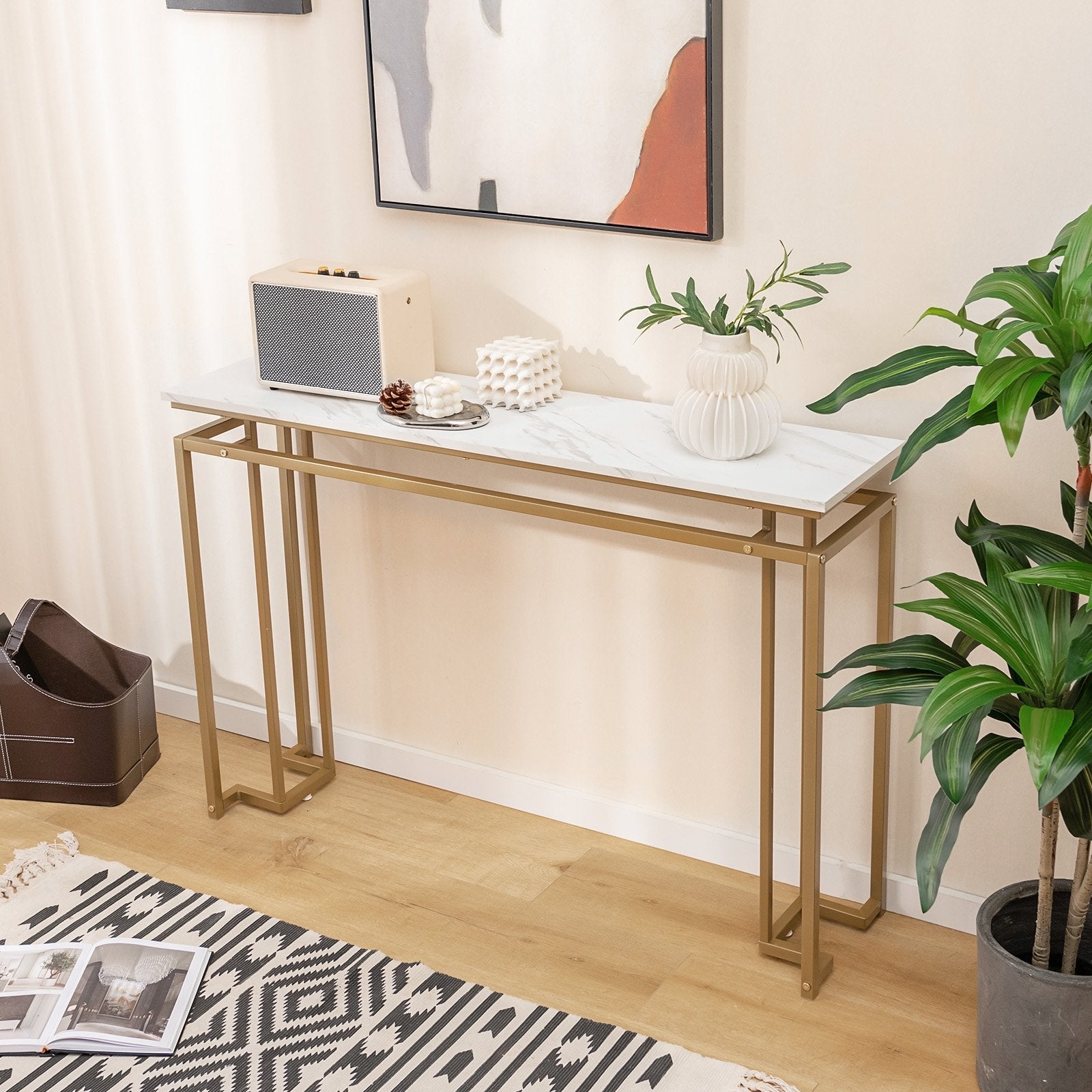 Modern Entryway Table with Gold Heavy-duty Metal Frame and Anti-toppling Kit for Living Room, White at Gallery Canada