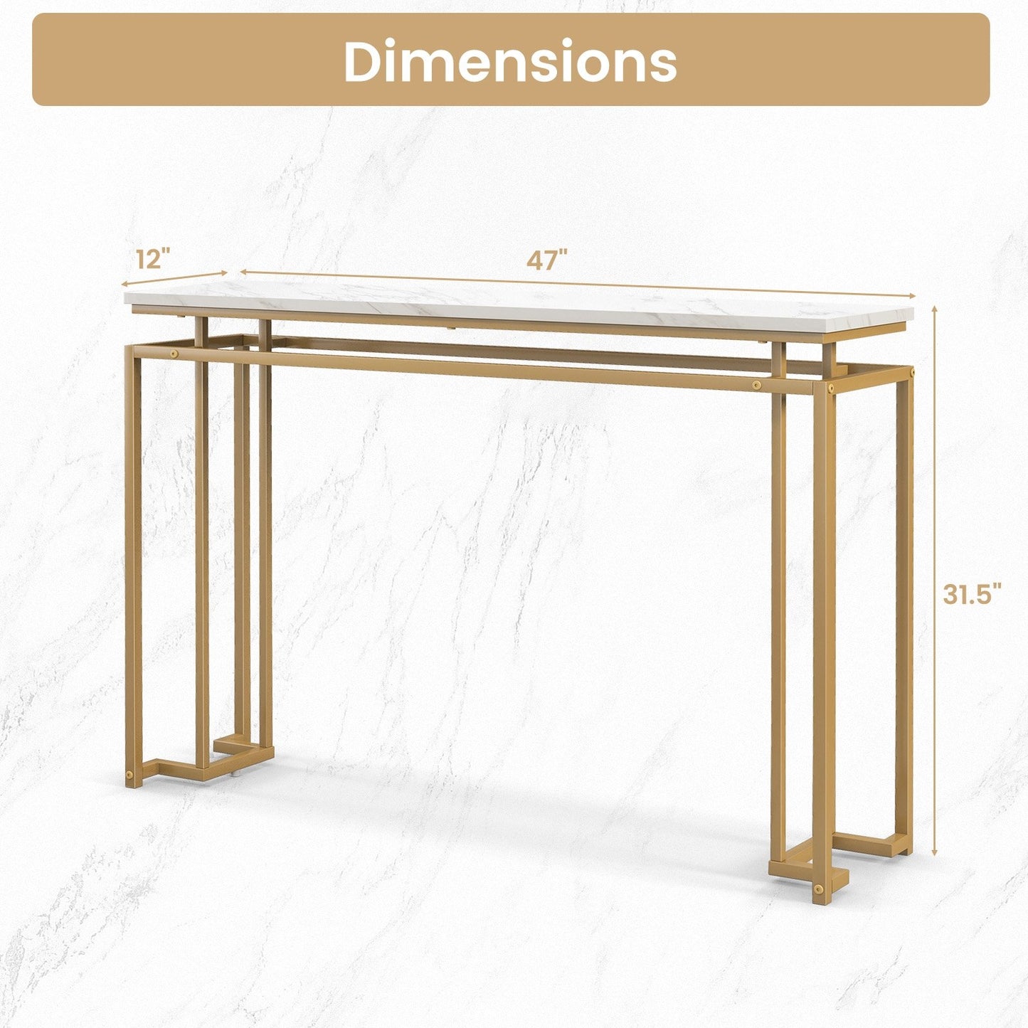 Modern Entryway Table with Gold Heavy-duty Metal Frame and Anti-toppling Kit for Living Room, White