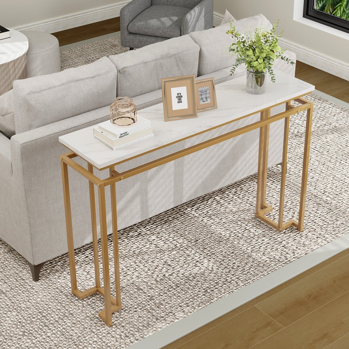Modern Entryway Table with Gold Heavy-duty Metal Frame and Anti-toppling Kit for Living Room, White