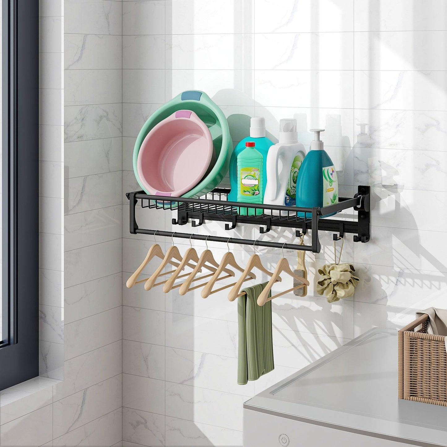 Wall Mounted Towel Shelf with Adjustable Towel Bar and Movable Hooks No Assembly Required