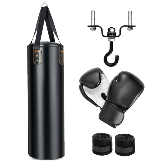 4-In-1 Hanging Punching Bag Set with Punching Gloves and Ceiling Hook, Black