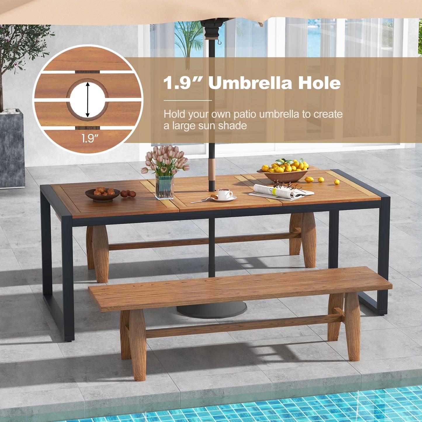 79 Inch Acacia Wood Patio Table, 1.9 Inch Umbrella Hole, Garden Poolside Patio Dining Tables at Gallery Canada