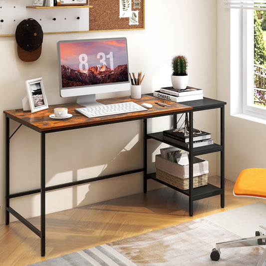 55 Inch Industrial Study Desk, 2 Storage Shelves, Rustic Brown