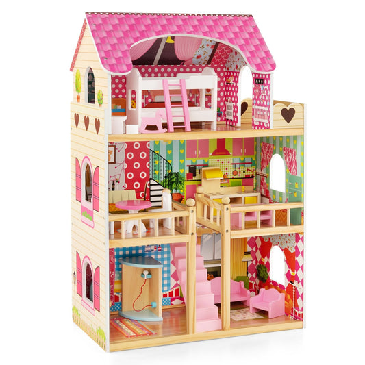 Doll House Playset with 3 Stories and 6 Simulated Rooms and 15 Pieces of Furniture, Pink