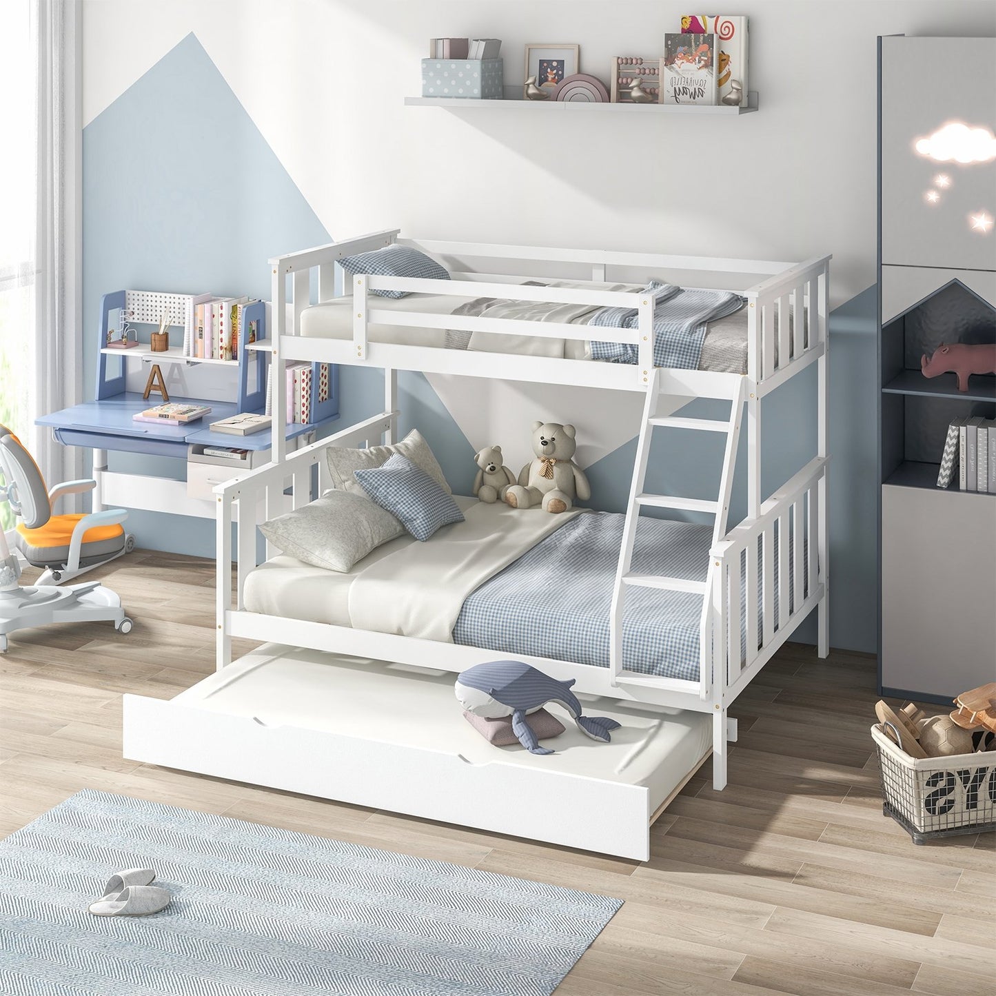 3-in-1 Twin Over Full Bunk Bed with Trundle and Ladder, White