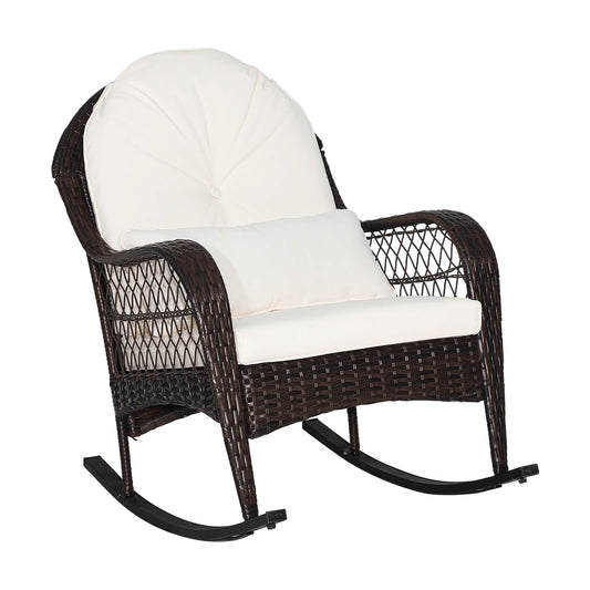 Patio Rattan Rocking Chair with Seat Back Cushions and Waist Pillow, White