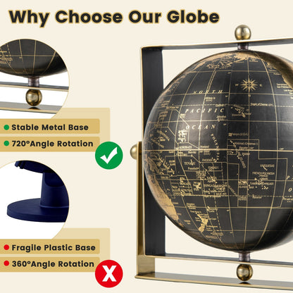 Geographic 6/ 8/ 10 Inch World Globe with Clear Printing and Square Frame-L, Black