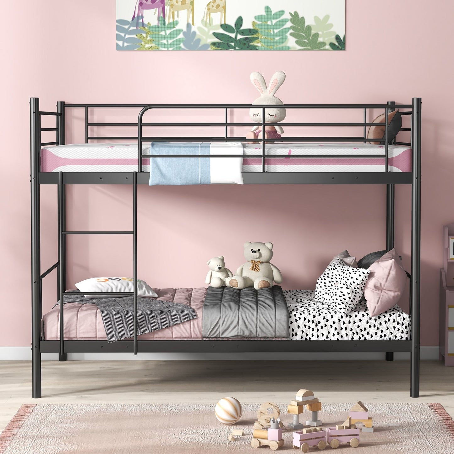 Metal Bunk Bed with Ladder and Full-length Guardrails, Black