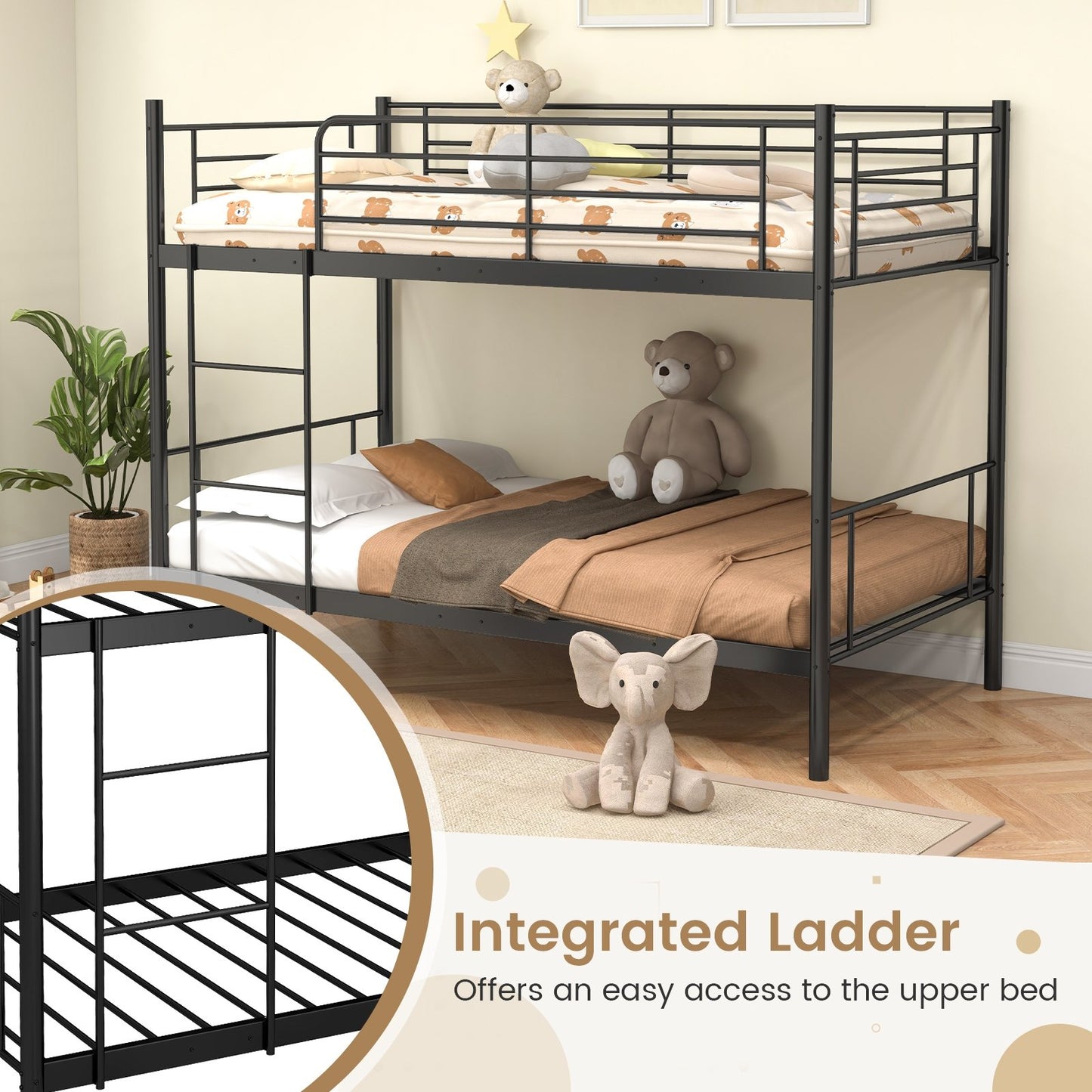 Metal Bunk Bed with Ladder and Full-length Guardrails, Black
