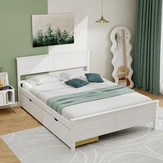 Full Size Bed Frame With Storage Drawers, Solid Wood Headboard, White Simple Bed Frame White at Gallery Canada
