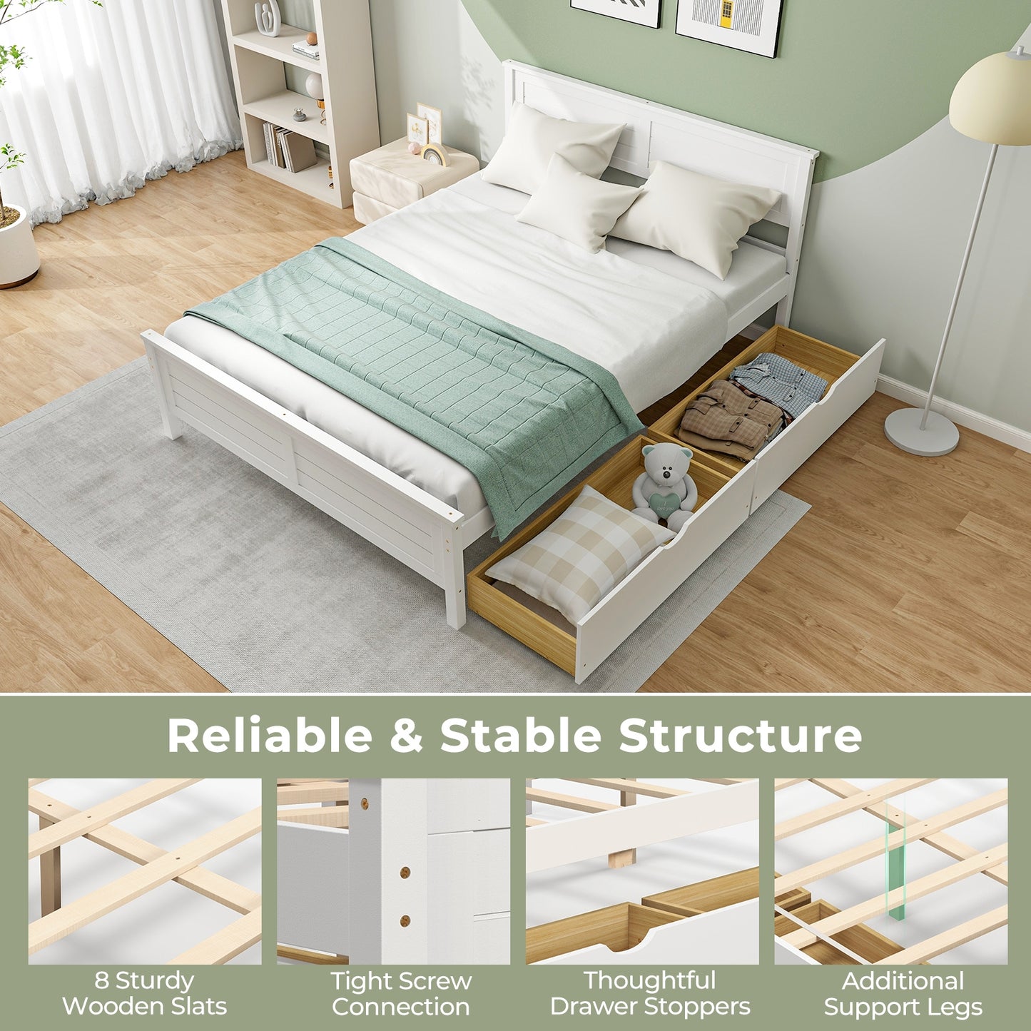 Full Size Bed Frame with Storage Drawers and Solid Wood Headboard, White Simple Bed Frame at Gallery Canada