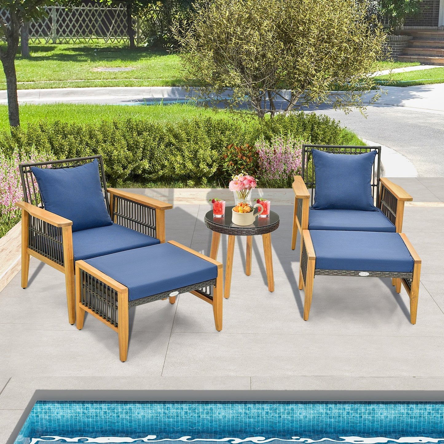 5 Piece Patio Furniture Set with Coffee Table and 2 Ottomans, Navy at Gallery Canada