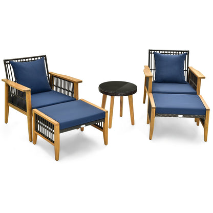 5 Piece Patio Furniture Set with Coffee Table and 2 Ottomans, Navy