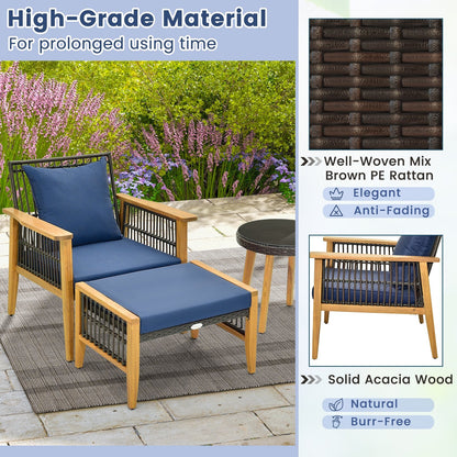 5 Piece Patio Furniture Set with Coffee Table and 2 Ottomans, Navy