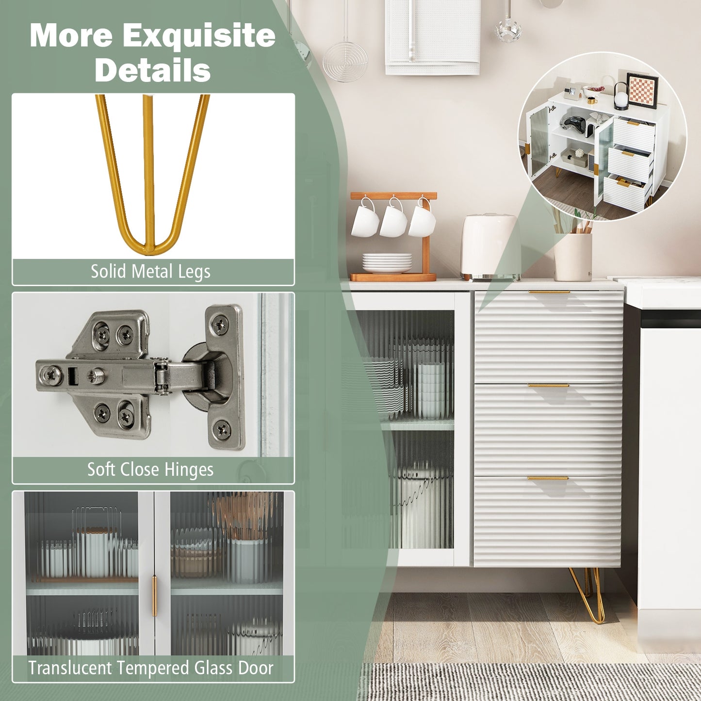 Modern Sideboard Buffet Cabinet, 2 Doors 3 Drawers, Living Dining Room, White Sideboards Cabinets & Buffets at Gallery Canada