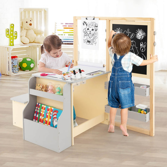 Kids Art Center Wooden Table Bench Set, Gray Kids Table & Chair Sets Gray at Gallery Canada
