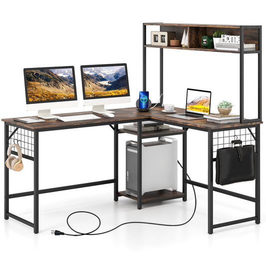 L-shaped Desk with Power Outlet Hutch, Rustic Brown