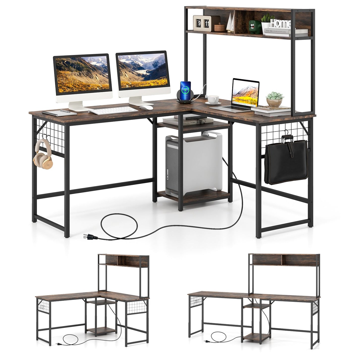 L-shaped Desk with Power Outlet Hutch, Rustic Brown