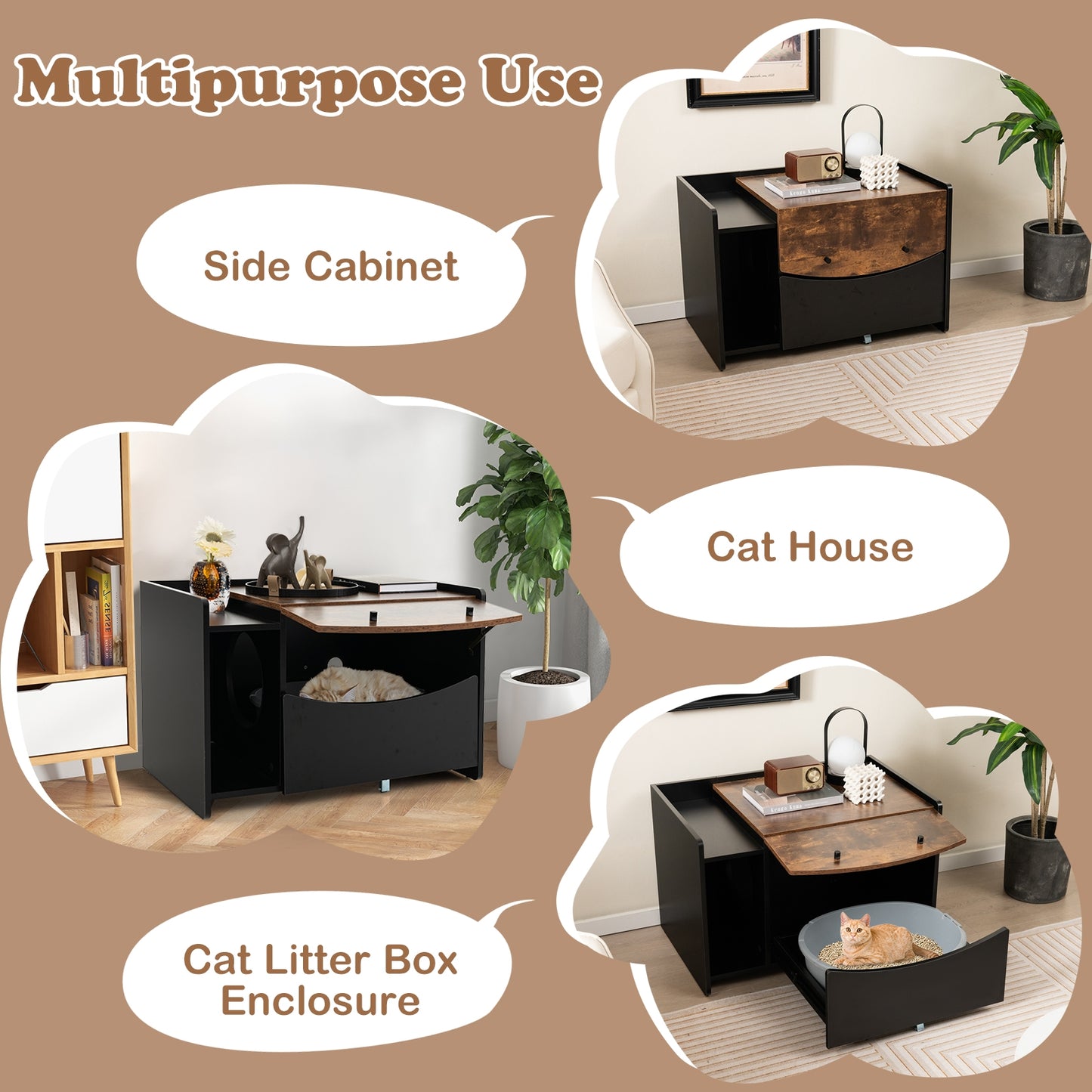 Cat Litter Box Enclosure with Pull-out Drawer, Black Cat Houses at Gallery Canada