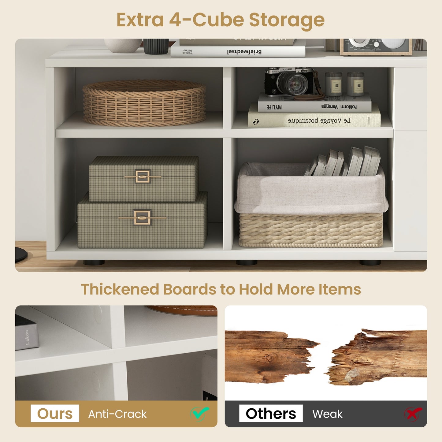 Storage Cabinet TV Console, 2 Drawers 4 Cubes, White Entertainment Centers & TV Stands at Gallery Canada