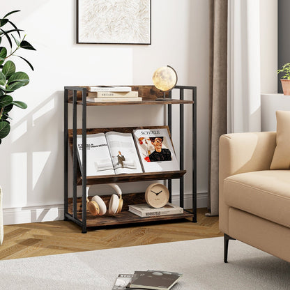 3-Tier Corner Bookcase with Adjustable Shelves and Metal Frame-Rustic Brown , Rustic Brown