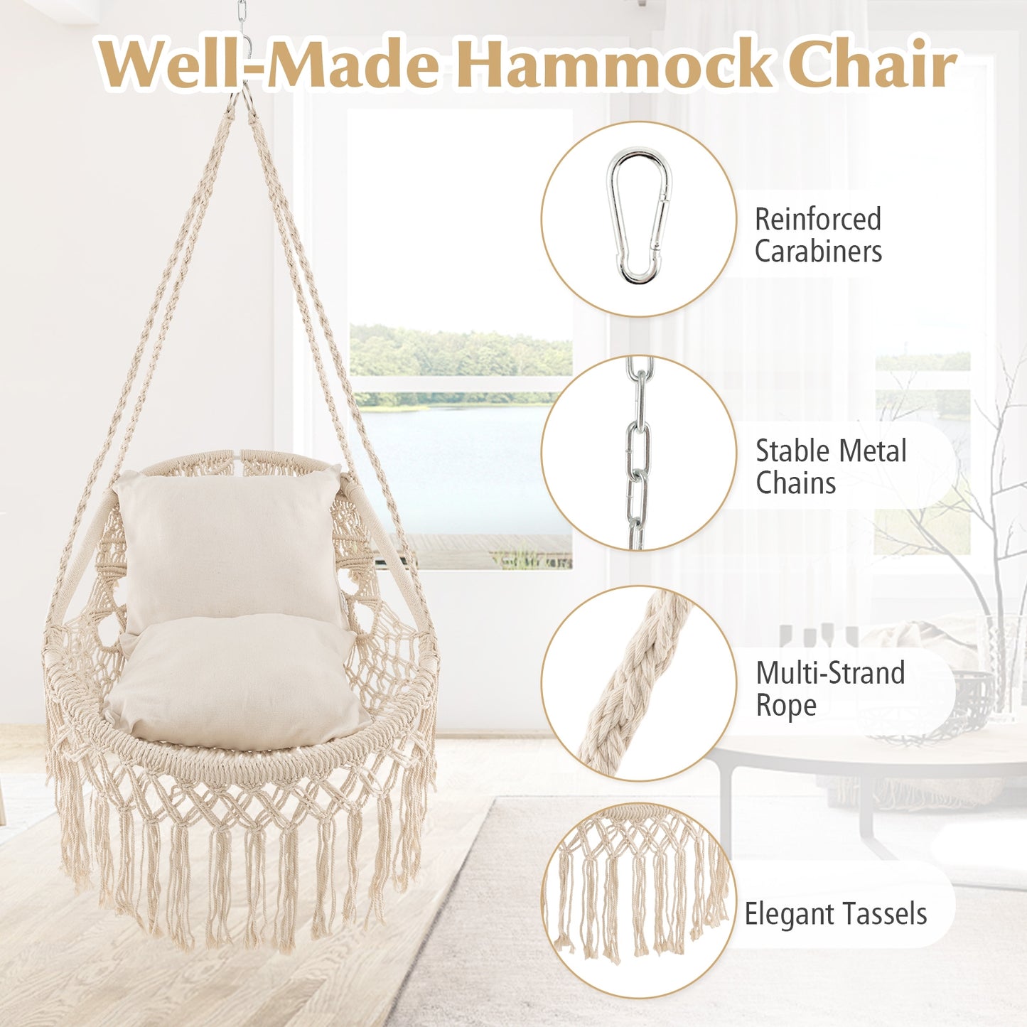 Hanging Hammock Chair with Soft Seat Cushions and Rope Chain, Beige