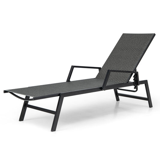 Outdoor Rattan Chaise Lounge Reclining Chair with Armrests and 5-Position Backrest, Brown