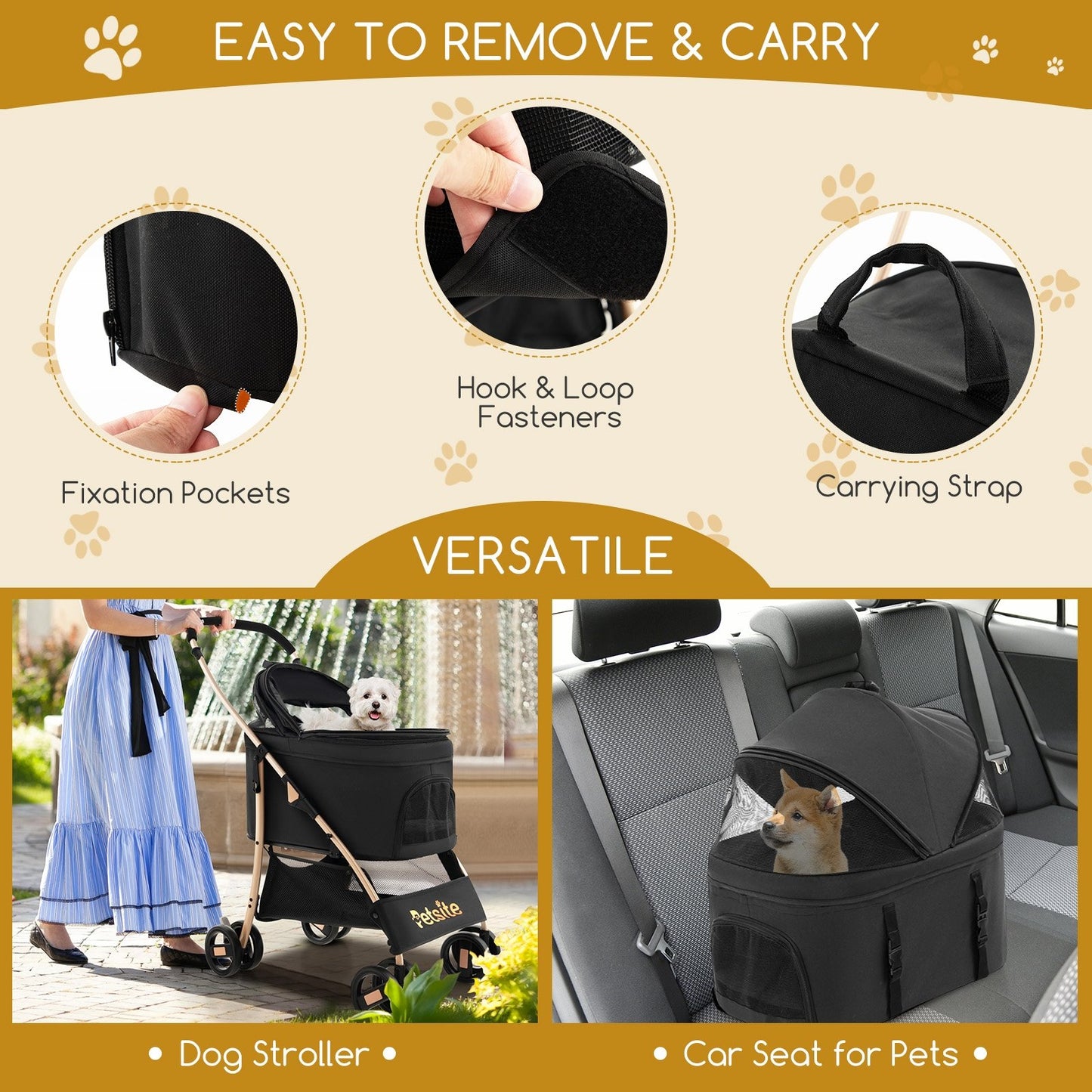 3-In-1 Pet Stroller with Removable Car Seat Carrier, Black