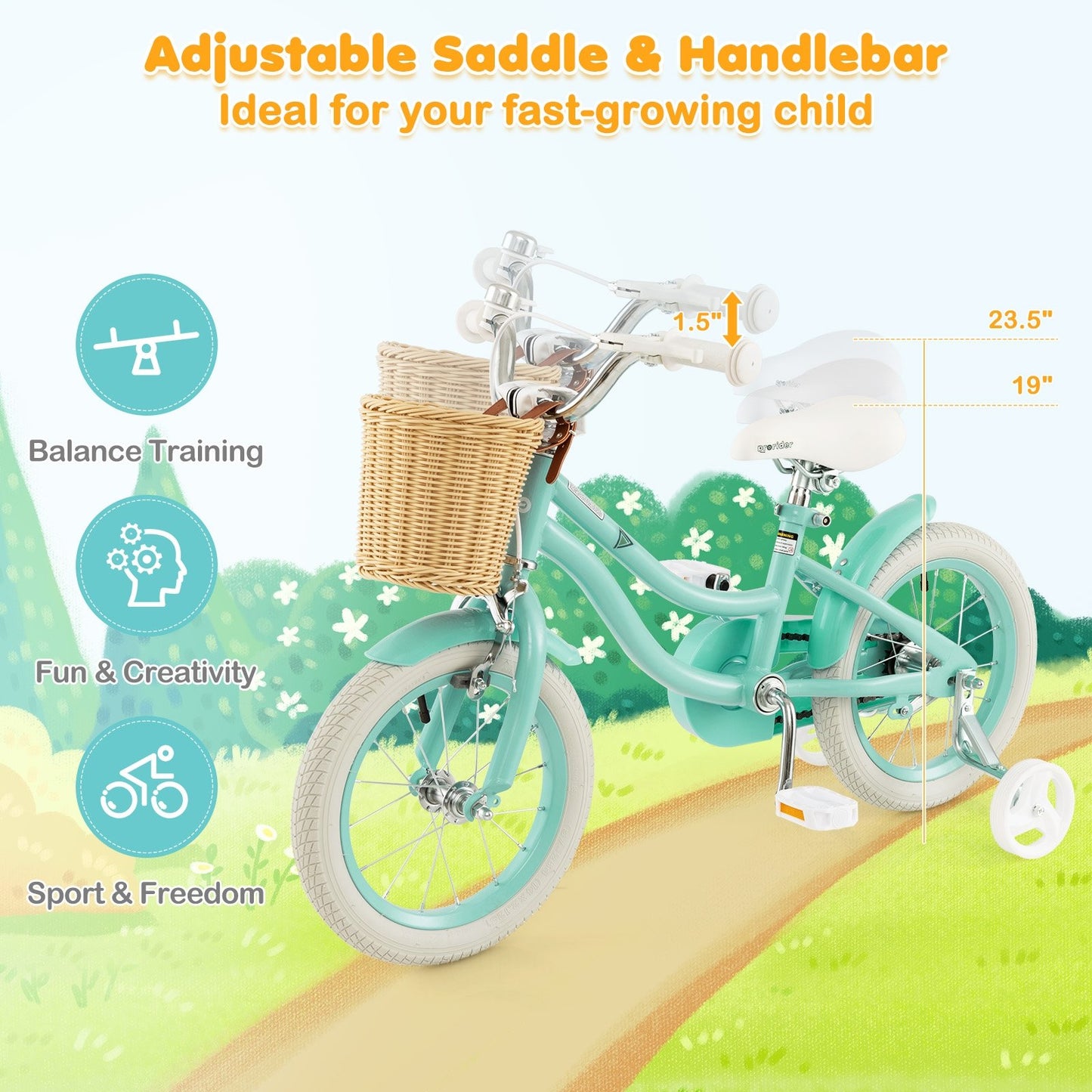 14-Inch Kids Bike with Training Wheels and Adjustable Handlebar Seat, Green
