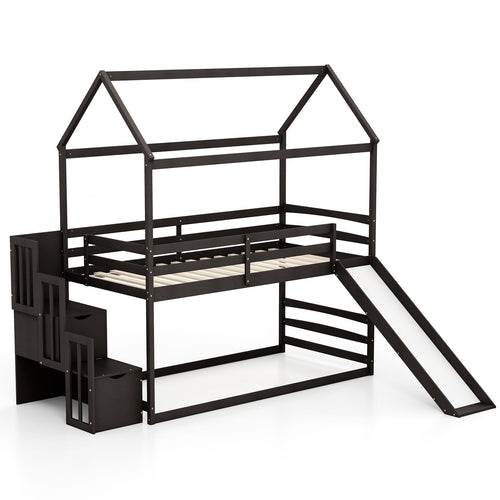 Twin over Twin Bunk Bed with Slide and 2-Step Storage Staircase, Espresso