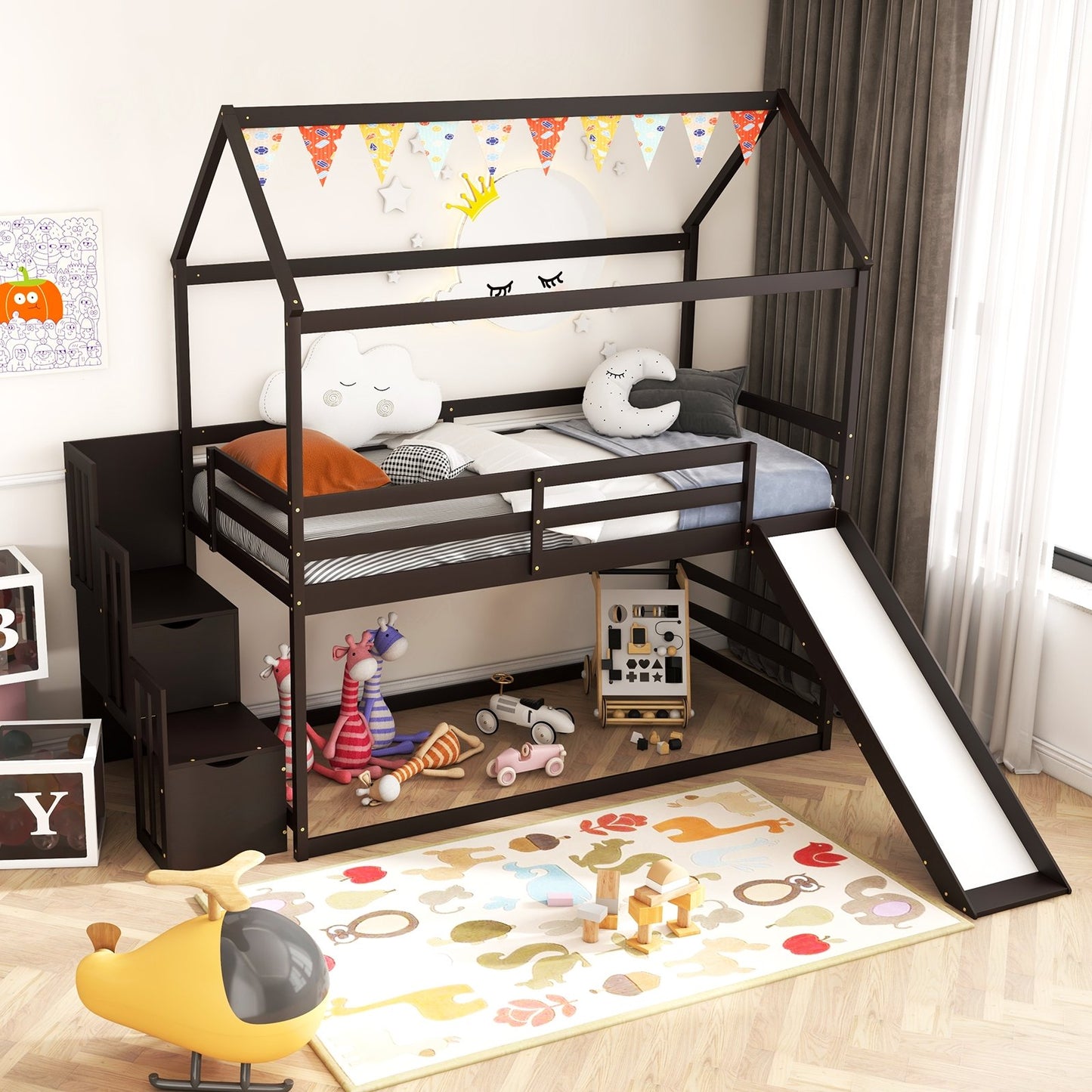 Twin over Twin Bunk Bed with Slide and 2-Step Storage Staircase, Espresso