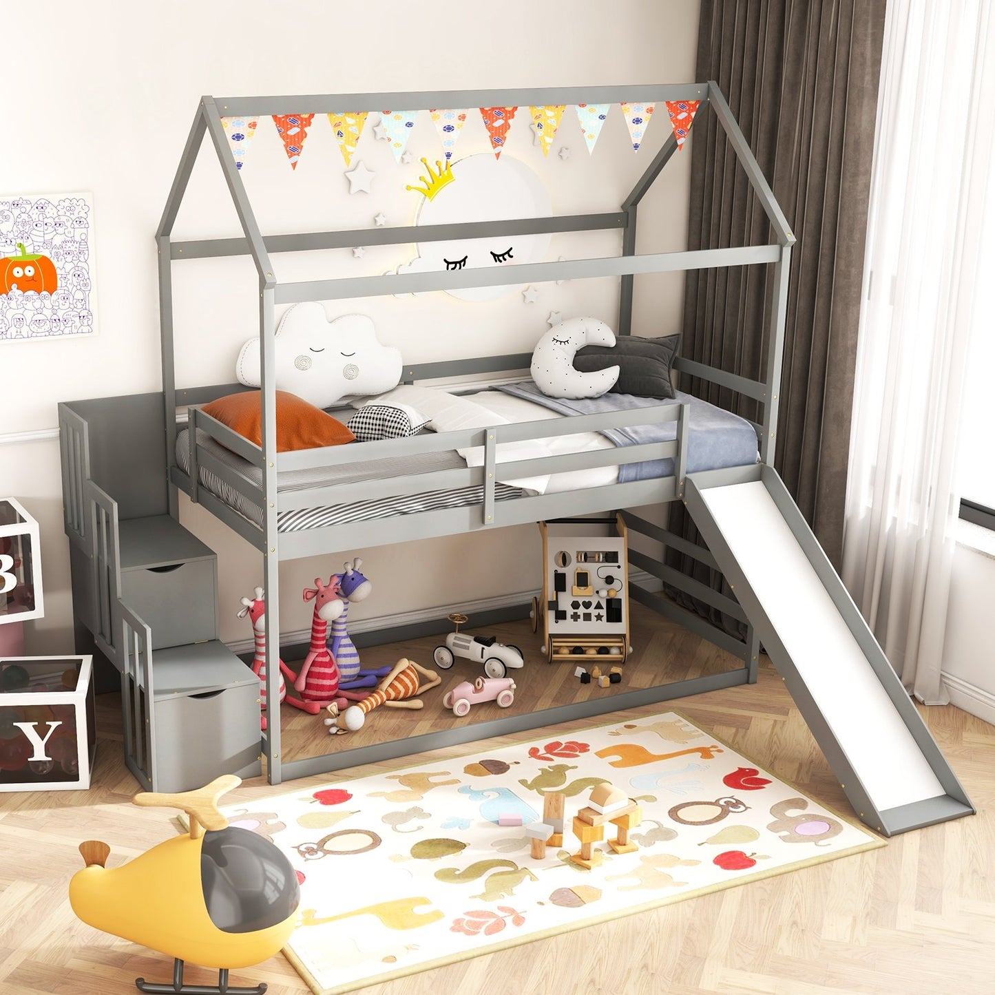 Twin over Twin Bunk Bed with Slide and 2-Step Storage Staircase, Gray