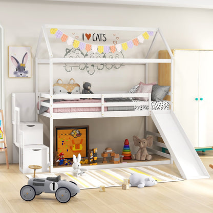 Twin over Twin Bunk Bed with Slide and 2-Step Storage Staircase, White