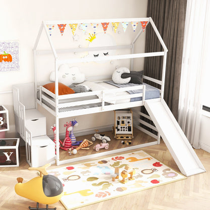 Twin over Twin Bunk Bed with Slide and 2-Step Storage Staircase, White