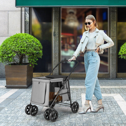 Folding Pet Stroller for Small and Medium Pets with Breathable Mesh andx One-Button Foldable, Gray