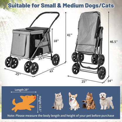 Folding Pet Stroller for Small and Medium Pets with Breathable Mesh andx One-Button Foldable, Gray