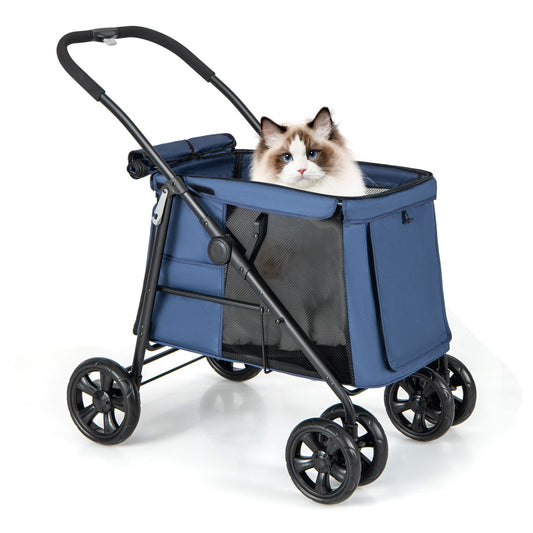 Folding Pet Stroller for Small and Medium Pets with Breathable Mesh andx One-Button Foldable, Blue