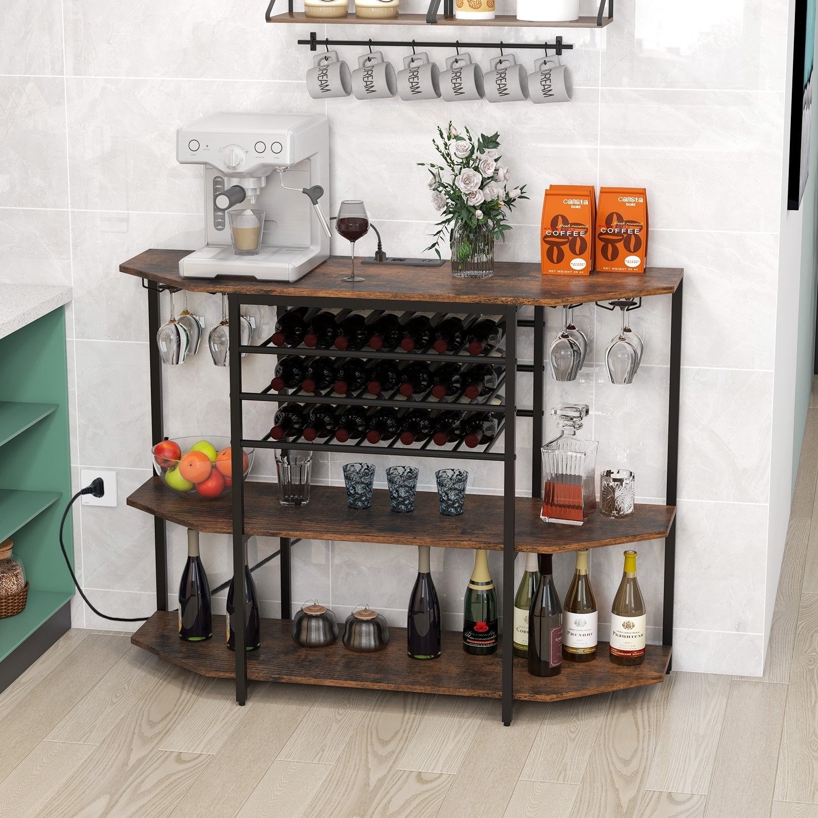 3-Tier Wine Bar Cabinet with Storage Shelves, Brown at Gallery Canada