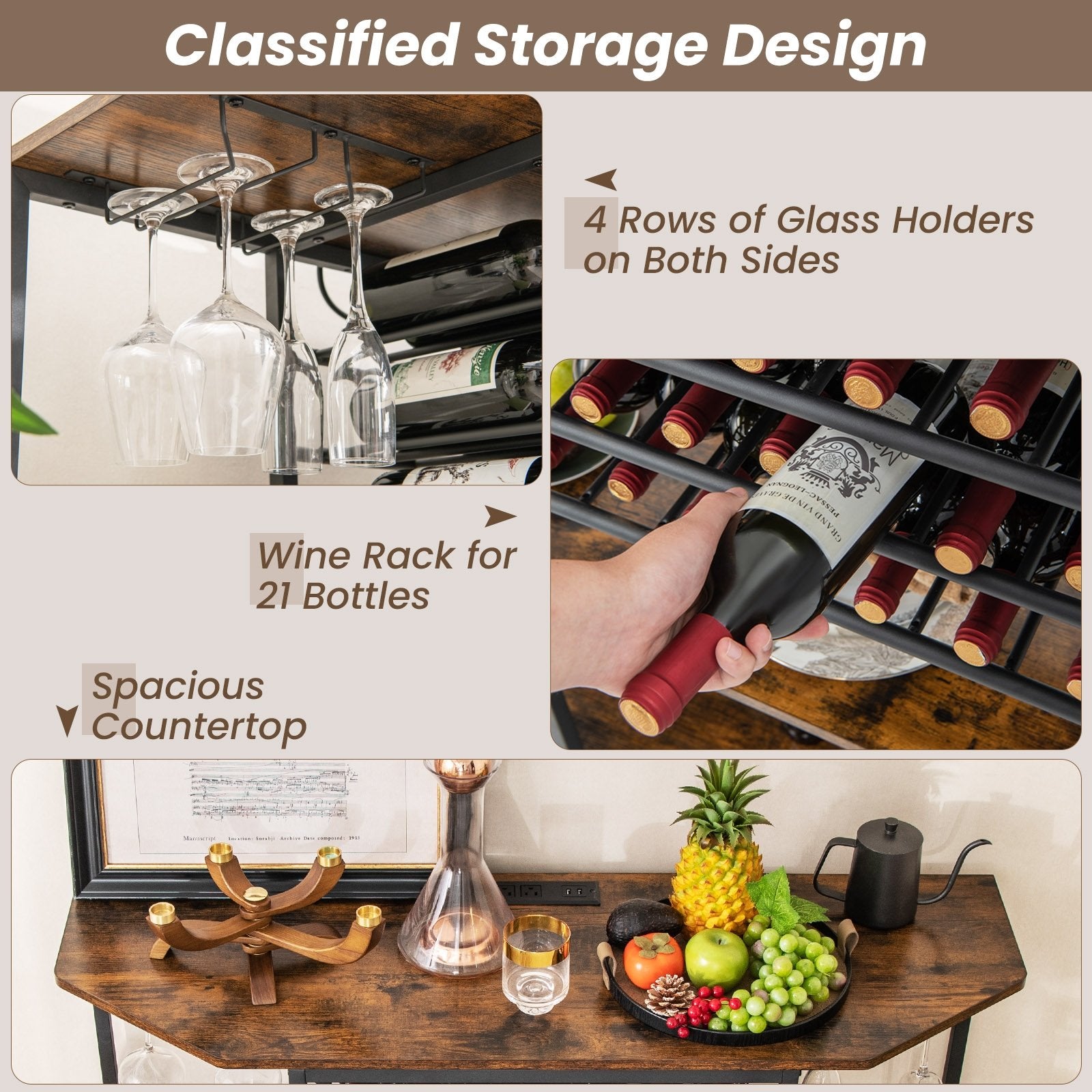 3-Tier Wine Bar Cabinet with Storage Shelves, Brown at Gallery Canada