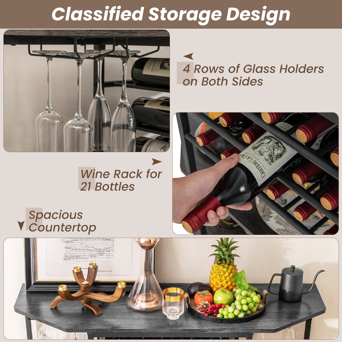 3-Tier Wine Bar Cabinet, With Storage Shelves, Gray Wine Racks at Gallery Canada