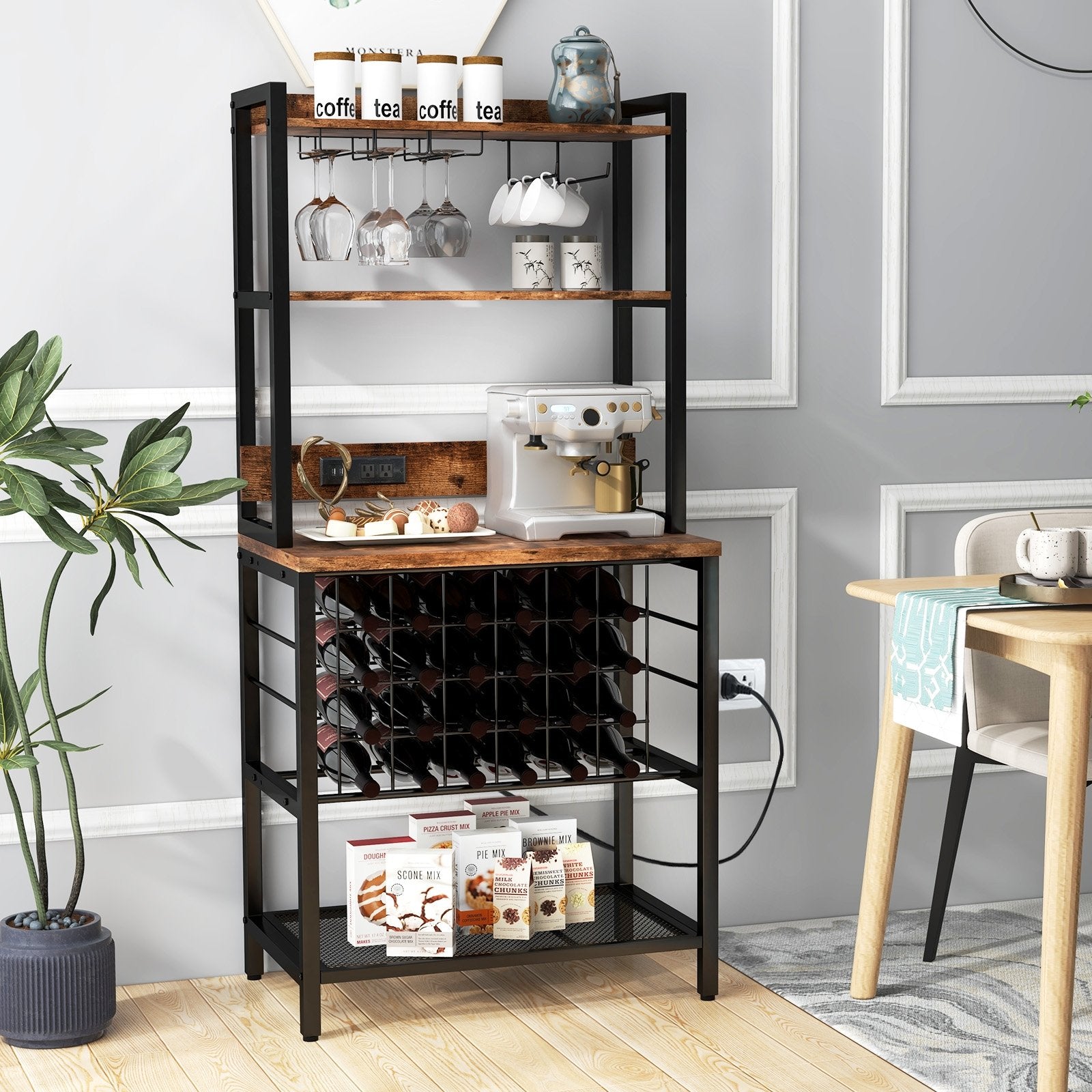 Wine Bar Cabinet Wine Rack with 4 Tier Storage Shelves and Glass Holders, Brown at Gallery Canada