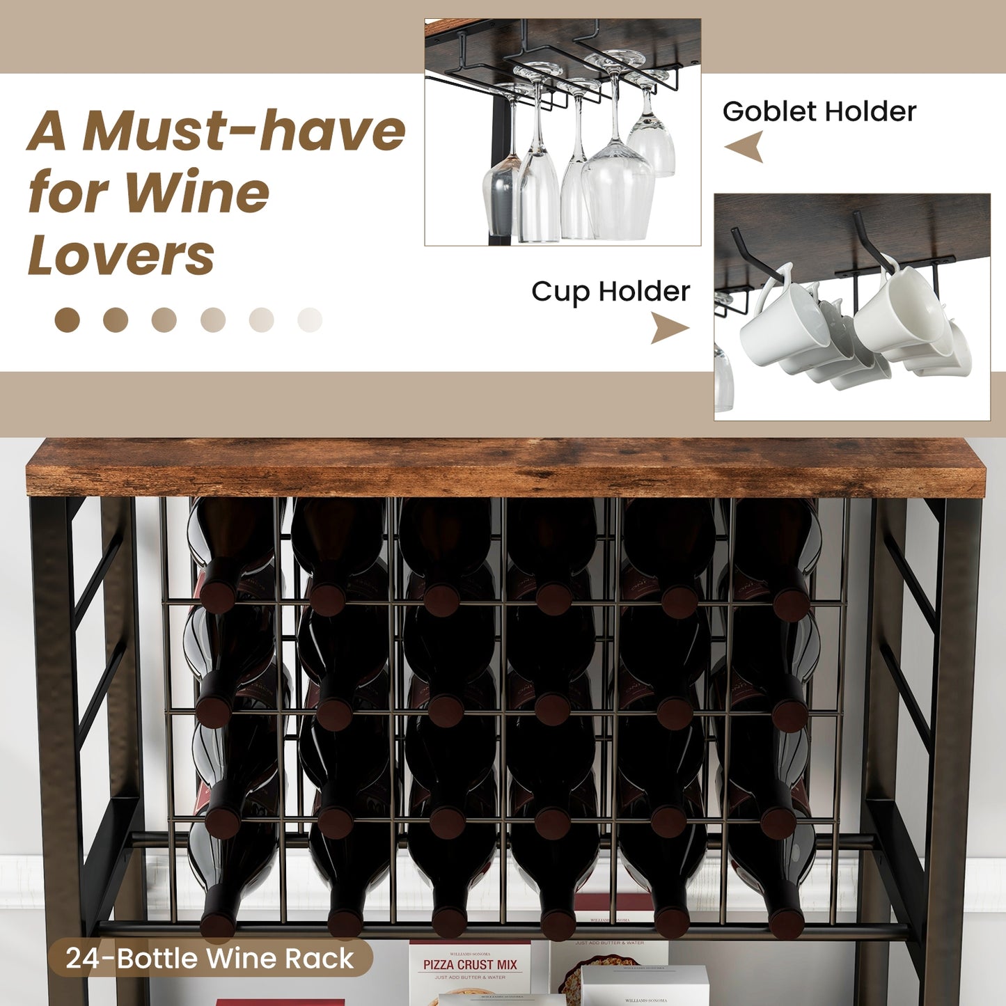 Wine Bar Cabinet, 4 Tier Storage Shelves, Glass Holders, Brown Wine Racks at Gallery Canada