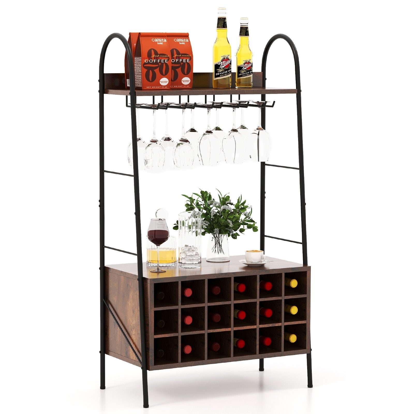 Baker's Rack with Detachable Wine Rack and 5 Rows of Stemware Holder-Rustic Brown , Rustic Brown at Gallery Canada