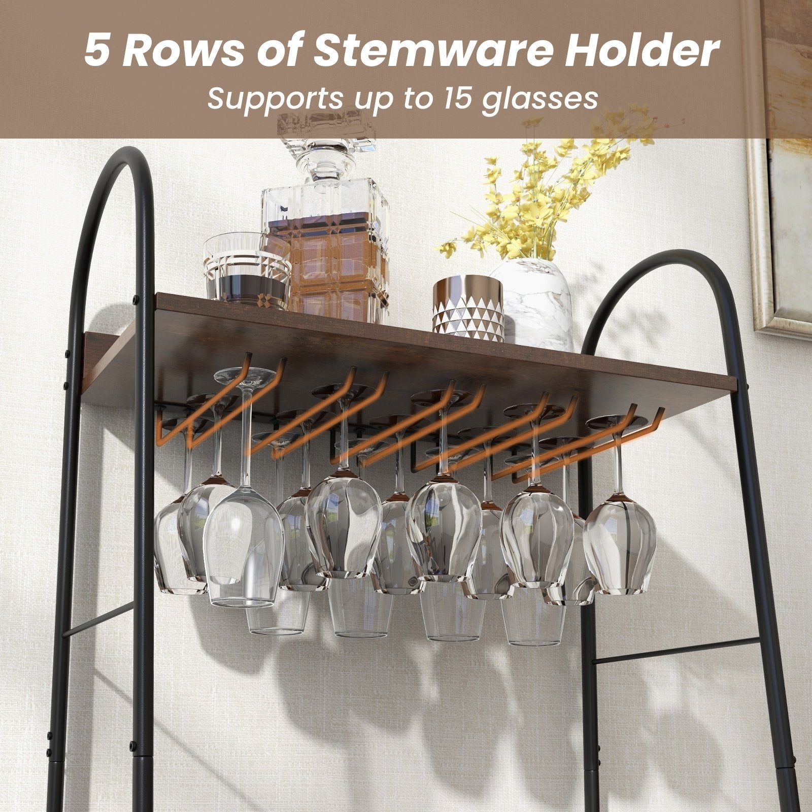 Baker's Rack with Detachable Wine Rack and 5 Rows of Stemware Holder-Rustic Brown , Rustic Brown at Gallery Canada