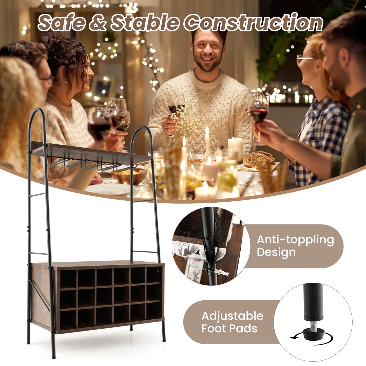 Baker's Rack with Detachable Wine Rack and 5 Rows of Stemware Holder-Rustic Brown , Rustic Brown Baker's Racks at Gallery Canada