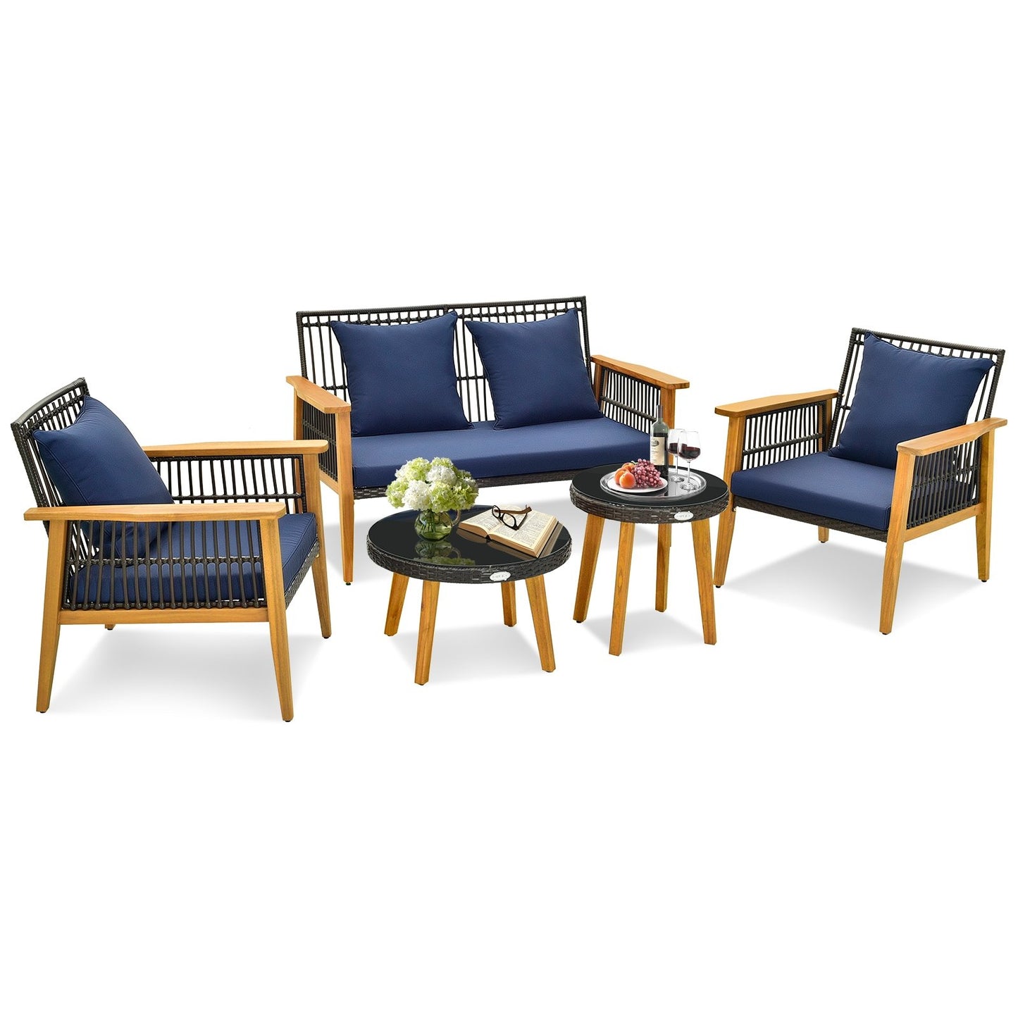 5 Piece Outdoor Conversation Set with 2 Coffee Tables for Backyard Poolside, Navy